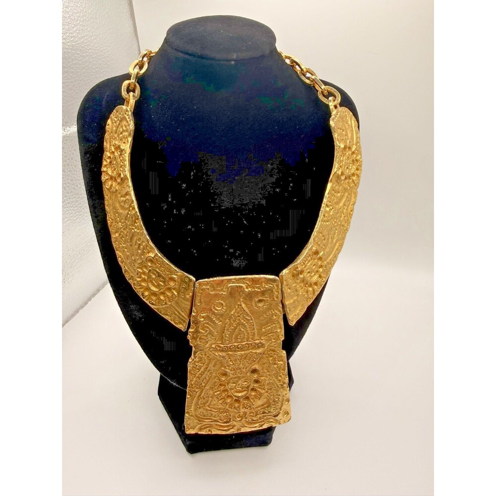 Gold Tone Embossed Figural Temple Art Bib Collar Statement Necklace